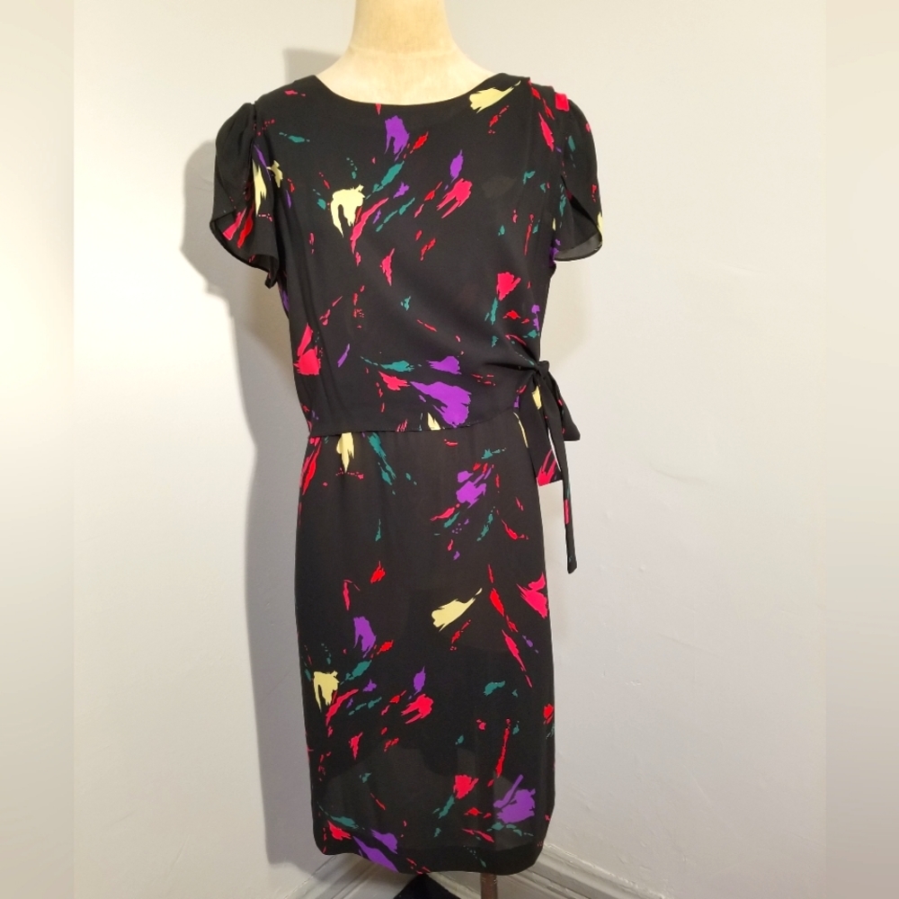 VINTAGE ABSTRACT PRINT DRESS 70S BLACK RAINBOW PAINT GEOMETRIC BOW TIE 80S RETRO